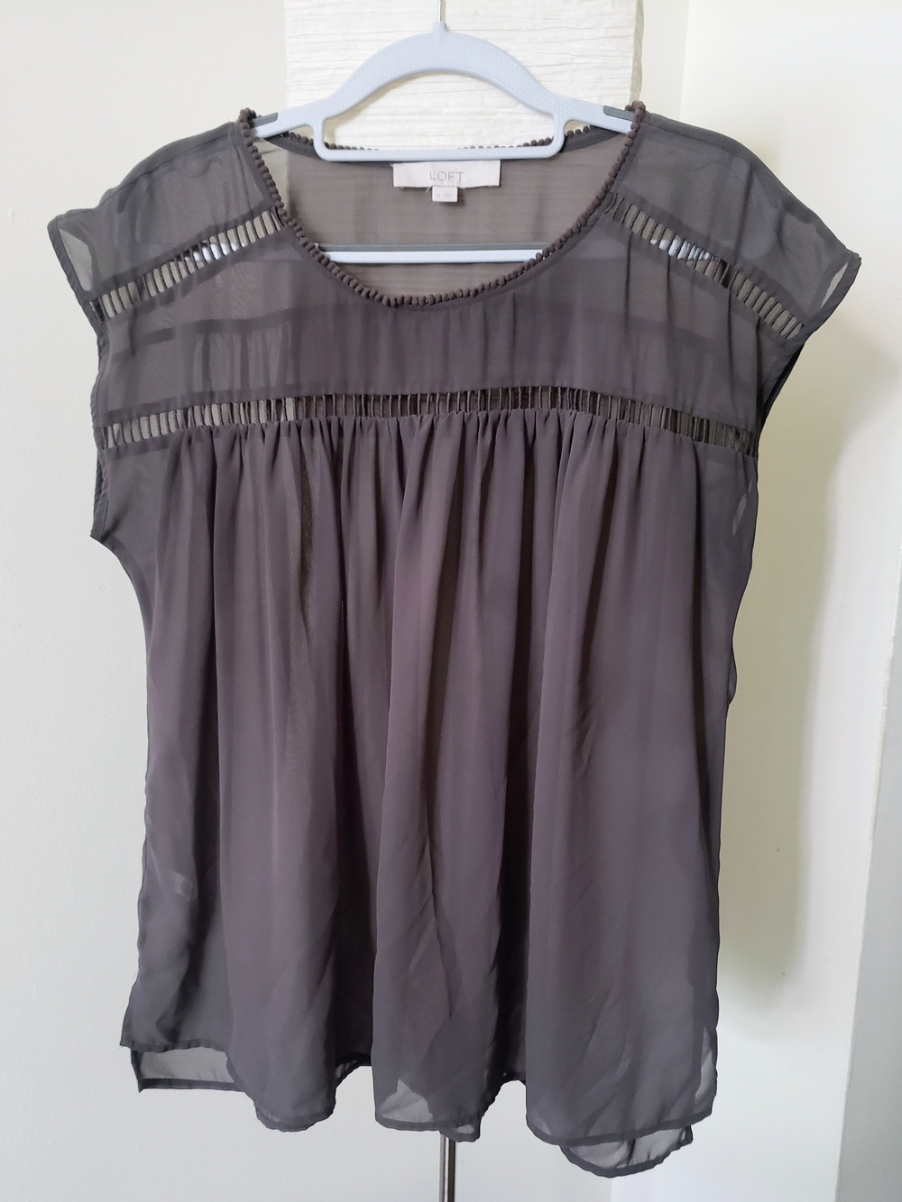 LOFT Charcoal Gray Sheer Cap-Sleeve Blouse with Ladder Trim - Size M